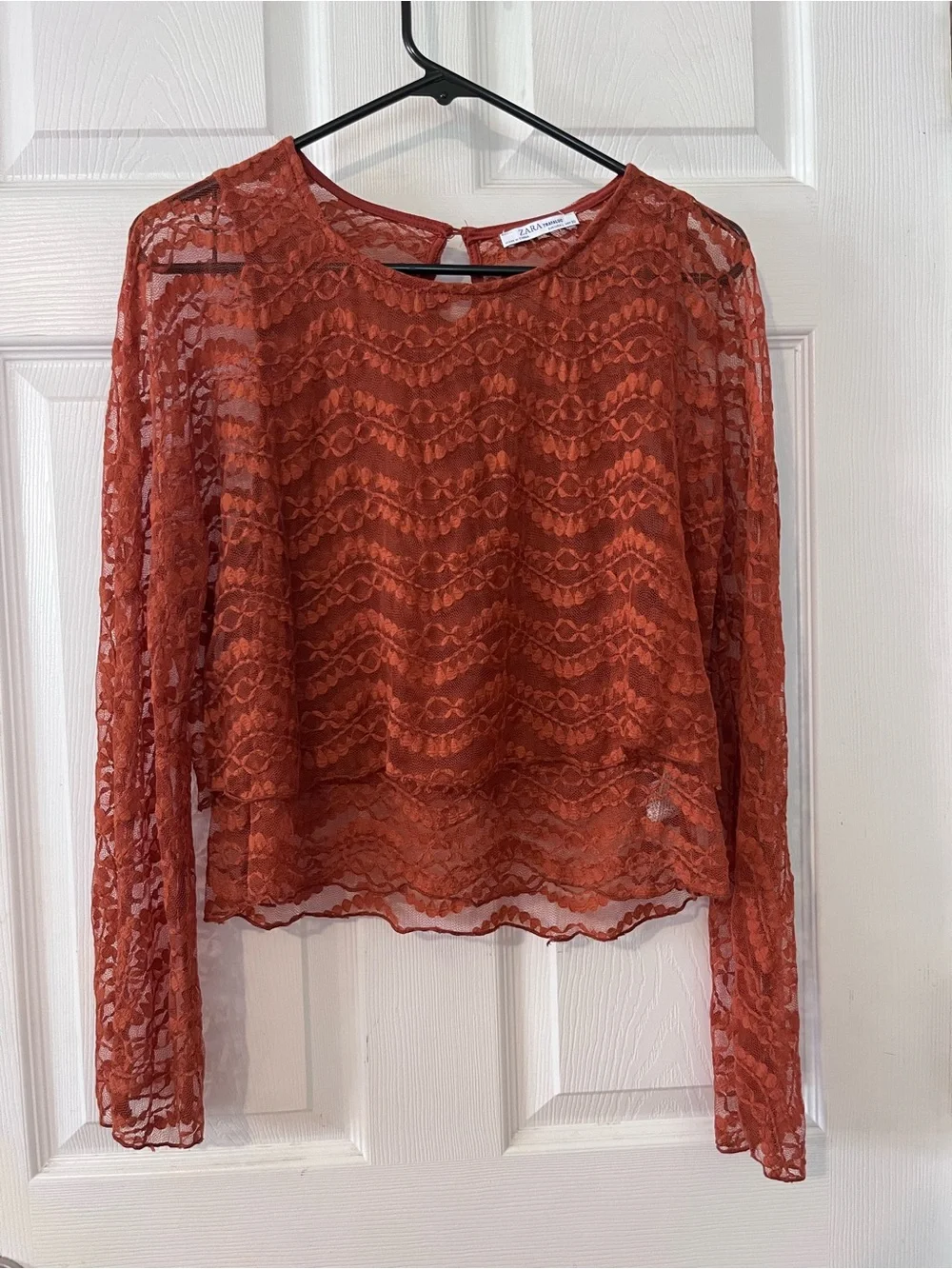 Zara Rust Lace Long-Sleeve Sheer Blouse